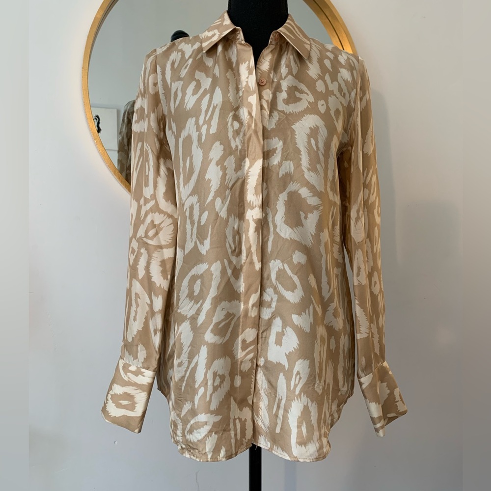 Lafayette 148 Khaki & White Pattern Silk Blouse